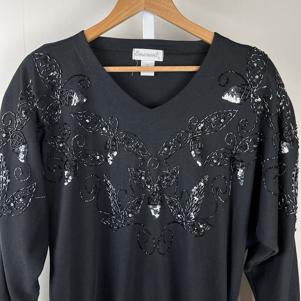 Eminent Black‎ Top Womens M Floral Beaded Dolman Batwing Sleeve Vintage 80s